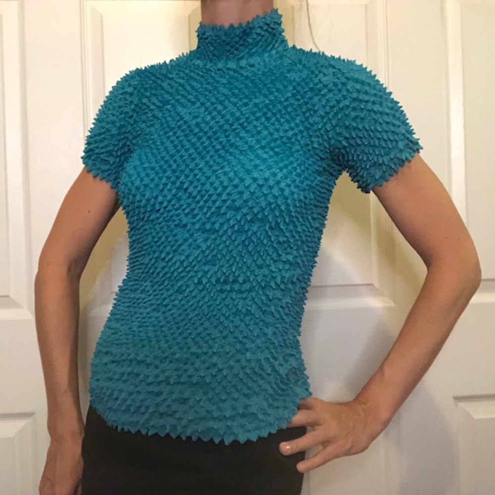 Issey Miyake Pleats Please! teal turtleneck top